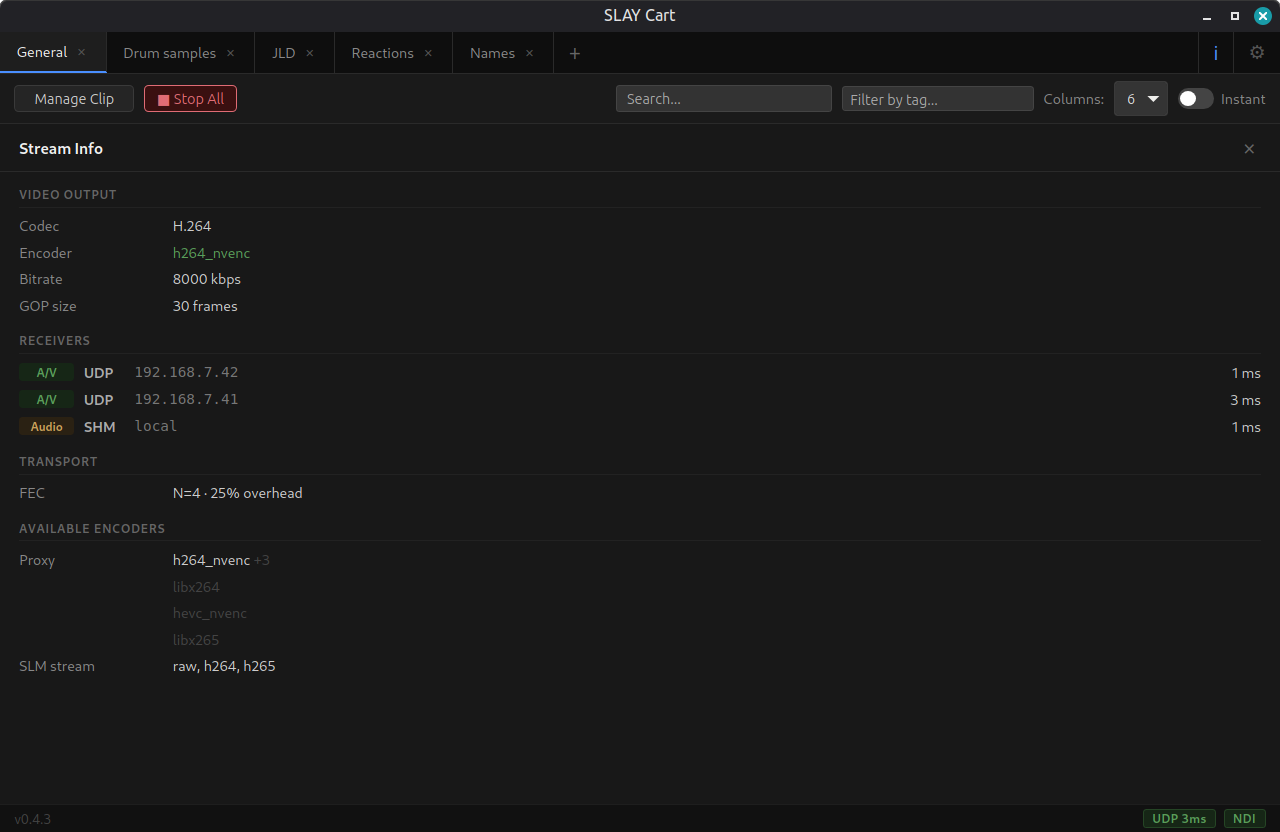 SLAY Cart Stream Info panel: H.264 encoder, two UDP receivers at 1 ms and 3 ms, and a local SHM receiver at 1 ms.