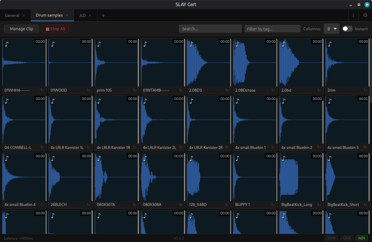 SLAY Cart showing a scene of short sample clips in the grid.